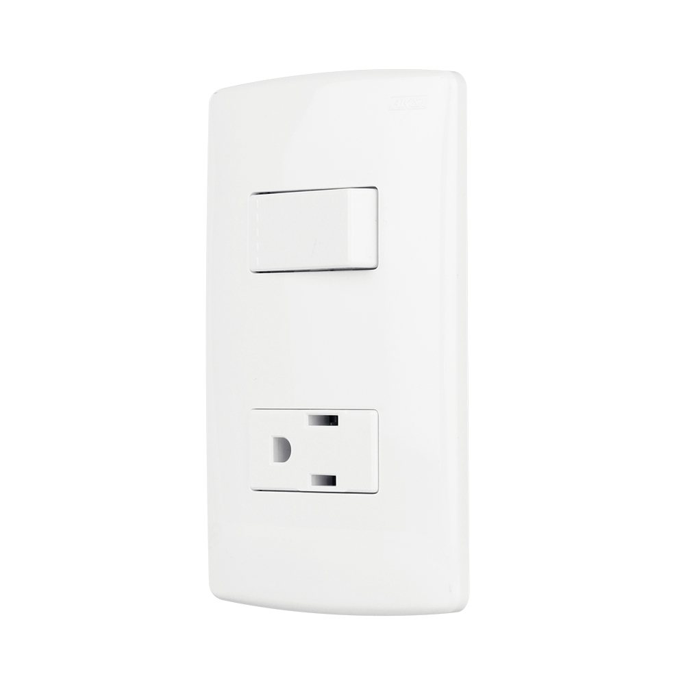 Contacto aterrizado y apagador sencillo de tecla con placa plástica - Blanco - AK